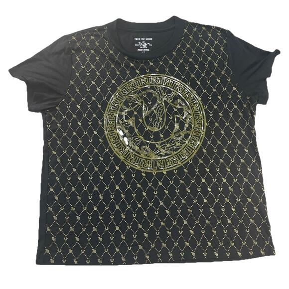True Religion Women's Black Monogram Gold Foil Crop Top, Size XL - Picture 1 of 6